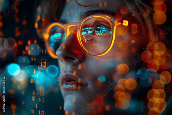 Fototapeta woman looking in VR glasses hologram, glowing virtual headset with connection. 