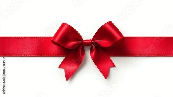 Fototapeta Elegant red satin ribbon with a perfectly tied bow adorns a pristine white background, symbolizing gift-giving, celebration, and festive occasions.