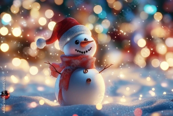Obraz A 3D rendering illustration of a snowman with a bokeh lights background - Merry Christmas card with generative ai