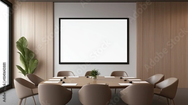 Fototapeta A modern conference room featuring a large projection screen, wooden walls, a round table, and comfortable chairs, creating a professional atmosphere.