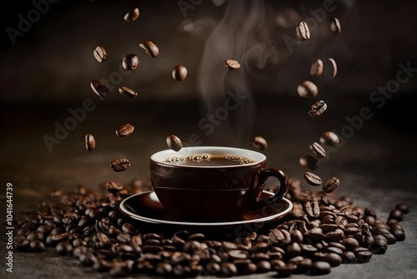 Fototapeta Steaming Hot Cup of Freshly Brewed Aromatic Coffee Surrounded by Roasted Beans