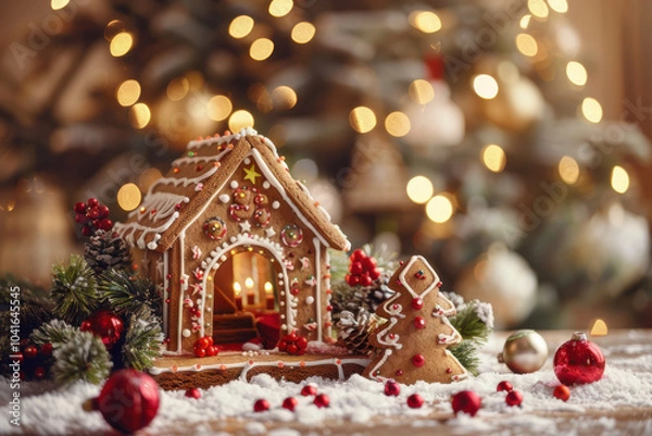 Obraz A beautifully crafted gingerbread house adorned with festive decorations, showcasing vibrant colors and a cozy holiday atmosphere.