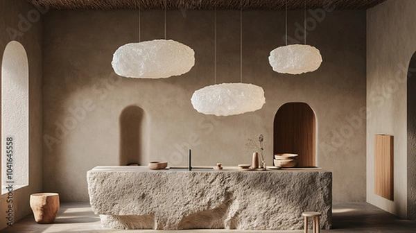Fototapeta Minimalist kitchen island with pendant lighting and natural stone surface