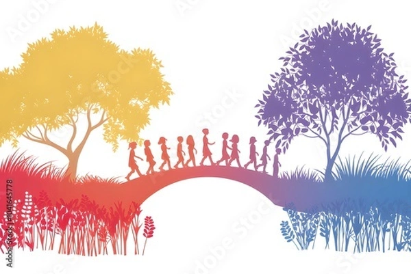 Fototapeta Vibrant and Colorful Landscape with Majestic Tree and Winding Bridge