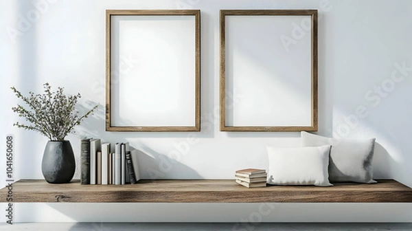 Fototapeta Modern Home Decor: Wooden Frames, Books, and Pillows on a Shelf