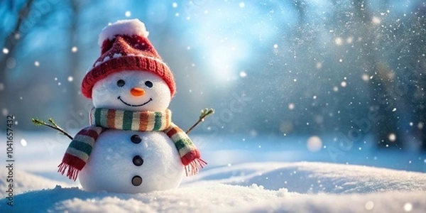 Fototapeta Cheerful snowman in a snowy landscape with copy space low angle view