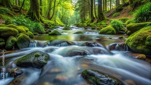 Fototapeta Bubbling brook in dense forest