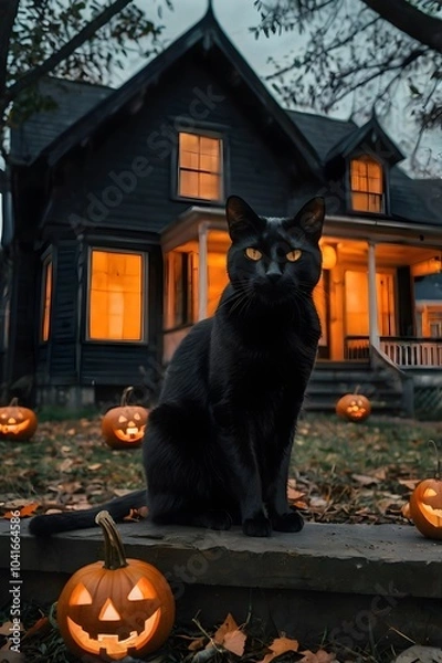 Fototapeta A majestic black cat adorned with glowing orange jack-o-lanterns and spiderwebs in halloween home background.