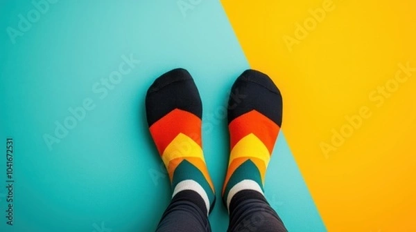 Fototapeta Colorful geometric patterned socks on a vibrant background.
