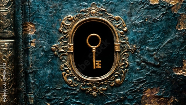 Fototapeta Vintage Golden Keyhole with Ornate Floral Design, Intricate Decoration on Dark Leather Texture, Antique Luxury, Classic Keyhole Detail, Mystery, Secrets, Elegant Floral Pattern, Timeless Design