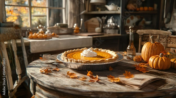 Fototapeta Cozy kitchen scene with freshly baked pumpkin pie topped with whipped cream sits on rustic wooden table, surrounded by autumn leaves and small pumpkins