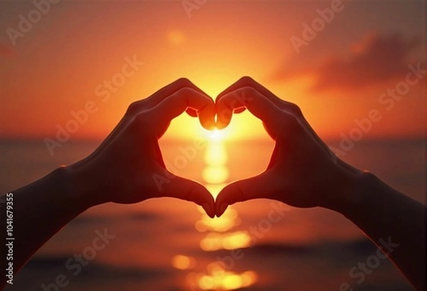 Obraz A Symbol of Love and Spiritual Connection: Hands Forming a Heart Shape Against a Sunset Backdrop - A Romantic Image for Love, Spirituality, and Healing Themes