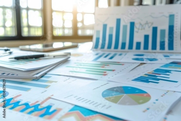 Fototapeta Collection of business analytics charts and graphs stacked on each other on paper on desk in office