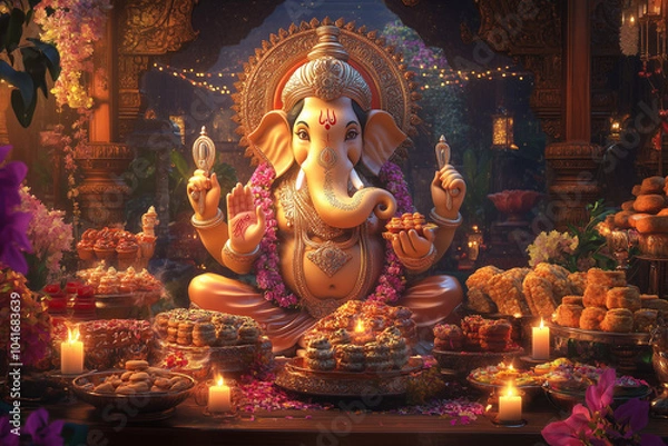 Fototapeta Surrounded by an assortment of traditional Diwali sweets and snacks, Lord Ganesha sits with candles and festive decorations in the backdrop, fostering a warm and inviting ambiance