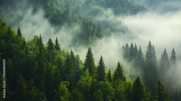 Fototapeta Misty morning envelops lush green forest in tranquil mountain landscape at dawn