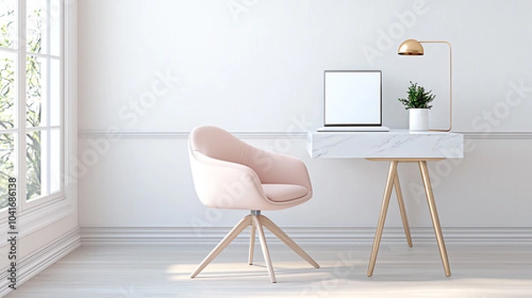 Fototapeta Elegant chic home office design featuring a pink velvet chair and marble desk for modern aesthetics