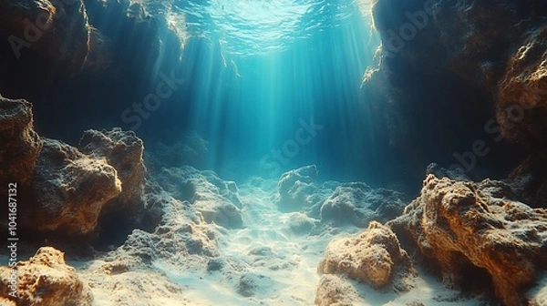 Fototapeta Sunlight beams through the water illuminating a dark rocky seabed.