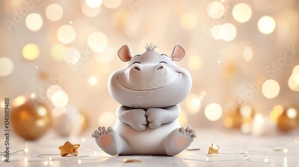 Fototapeta Snarky baby hippo balancing on one foot, 3D cartoon style, playful park scene, vibrant colors and cheerful vibe