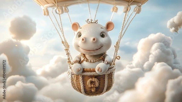 Fototapeta Snarky baby hippo floating in a hot air balloon, 3D cartoon style with vibrant sky and clouds, playful expression