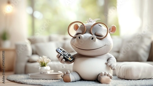 Fototapeta Snarky baby hippo holding a remote control, lounging on a couch, 3D cartoon style, vibrant living room scene