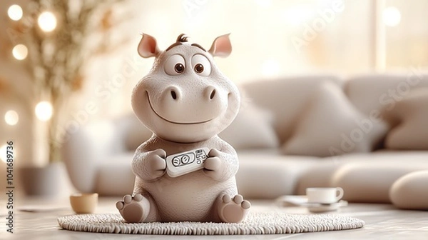 Fototapeta Snarky baby hippo holding a remote control, lounging on a couch, 3D cartoon style, vibrant living room scene