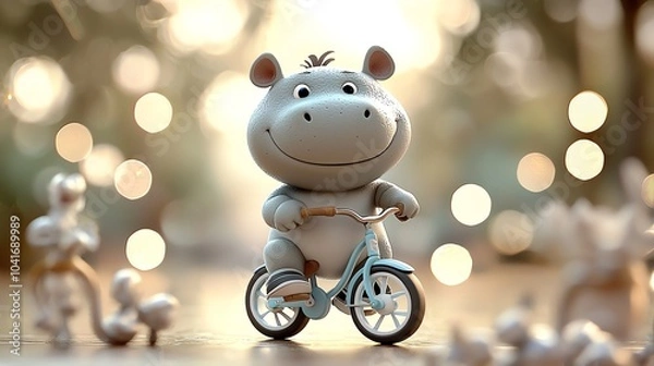 Fototapeta Snarky baby hippo on a bicycle, exaggerated 3D cartoon style, vibrant city park backdrop with playful details
