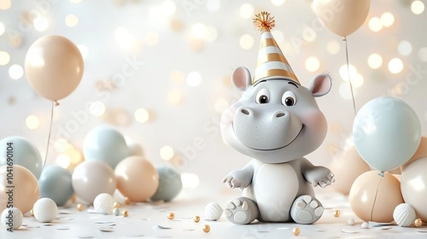 Fototapeta Snarky baby hippo surrounded by balloons, party hat, 3D cartoon style with vivid colors, sarcastic expression