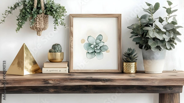 Fototapeta Decorating with Succulents and Greenery on a Rustic Wooden Shelf
