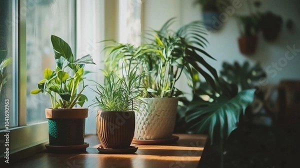 Fototapeta Lush indoor garden oasis: Diverse potted plants adorn a sunlit windowsill, creating a serene green sanctuary. Textured pots add visual interest to the natural scene.