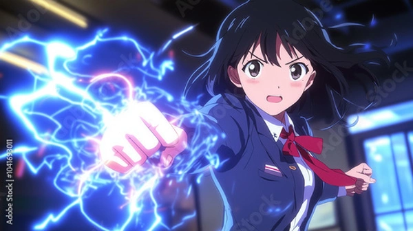 Fototapeta A high school student in uniform, glowing with supernatural energy as she prepares to use her hidden abilities, Anime style