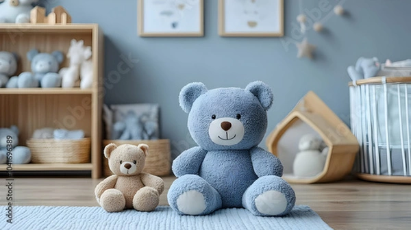 Fototapeta Cozy Nursery with Stuffed Teddy Bears and Wooden Shelf