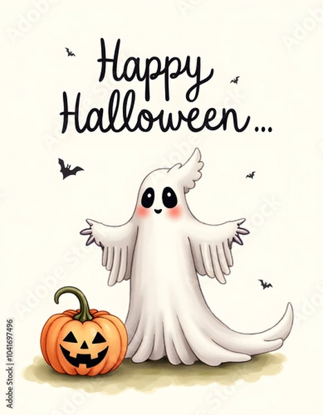 Fototapeta Fun cool Halloween card with calligraphic title Happy Halloween, with pumpkin and cute ghost.