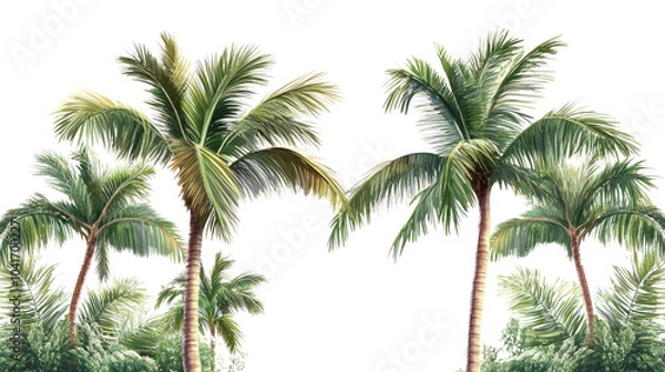 Fototapeta Isolated palm tree against a white background, evoking a tropical vacation vibe with green leaves and a sense of summer relaxation