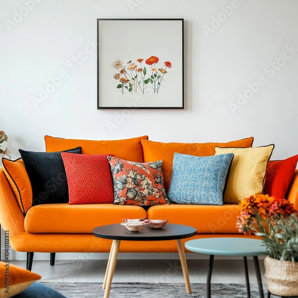 Fototapeta Stylish sofa setup with bold cushions and fresh flowers, creating a cheerful and inviting atmosphere. Mock up poster frame.