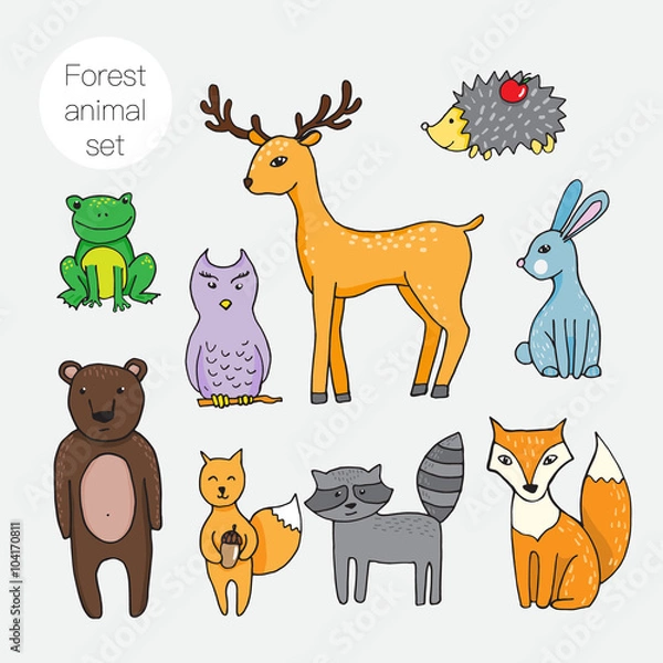 Fototapeta Set of different forest animals in cartoon styl