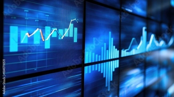 Obraz A corporate presentation displaying charts illustrating growth and success, set against a backdrop of high-definition screens. High quality illustration