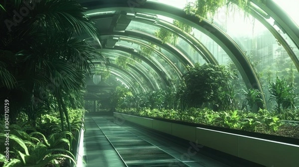 Obraz A futuristic greenhouse equipped with advanced climate control and LED lighting, showcasing sustainable year-round crop production. High quality illustration