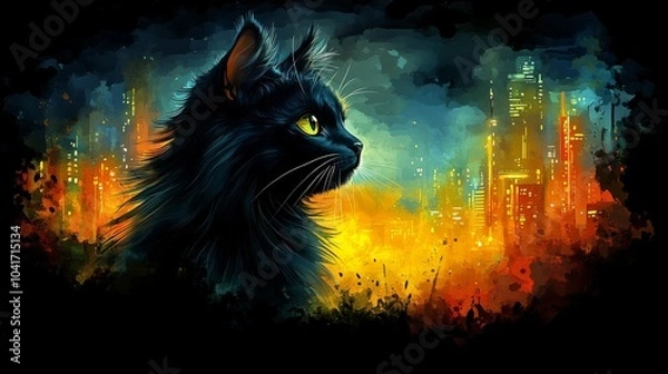 Fototapeta Black cat with yellow eyes gazing at a cityscape with warm glowing windows and splotches of orange and blue paint