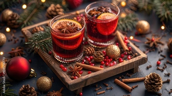 Obraz Festive Winter Drinks with Spices and Oranges