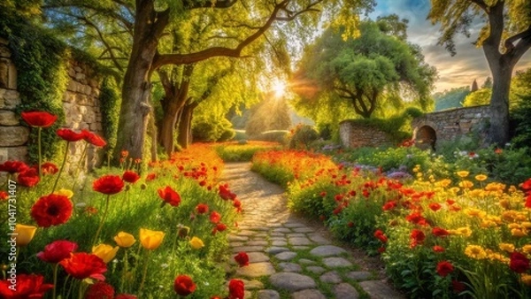 Fototapeta Vibrant Red and Yellow Petals Create a Colorful Dance Across a Serene Natural Background Scene