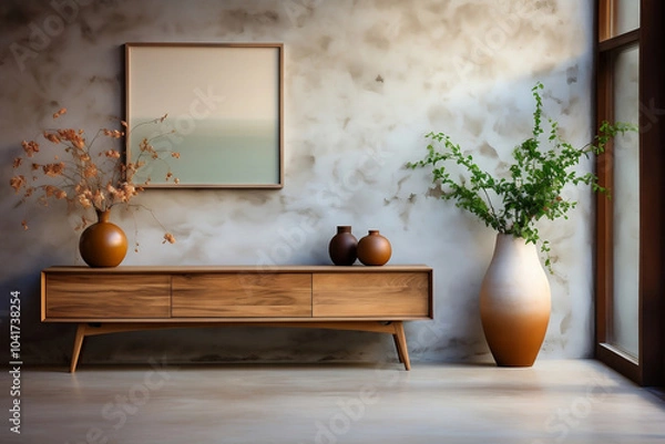 Fototapeta Wooden chest of drawers against a concrete wall with plants. Interior made of natural materials