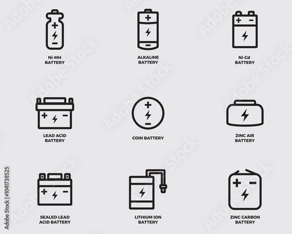 Fototapeta type of electric battery outline vector icon collection.metal battery pictogram symbol isolated on background