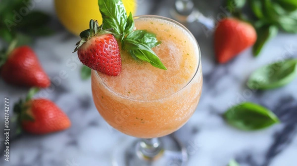 Fototapeta Refreshing strawberry basil smoothie in a glass garnished with fresh berries and basil leaves on a marble surface