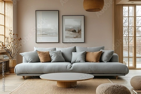Fototapeta Minimalist, modern Scandinavian interiors in the living room with windows and a view of the sofa. Generative AI
