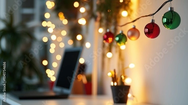 Obraz Bright and festive holiday decorations adorned a cozy workspace filled with colorful ornaments and soft twinkling lights in the evening