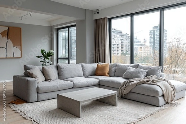Fototapeta Minimalist, modern Scandinavian interiors in living rooms with light gray tones and sofas. Generative AI
