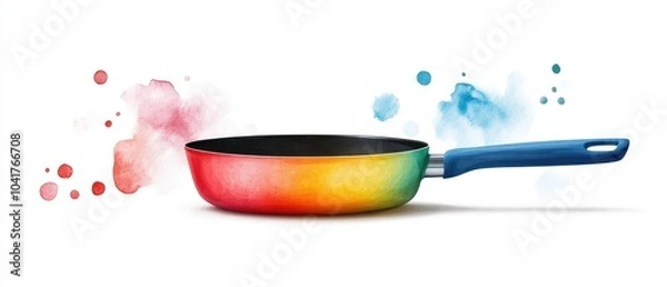 Fototapeta Colorful frying pan with splashes of paint against a white isolate background.