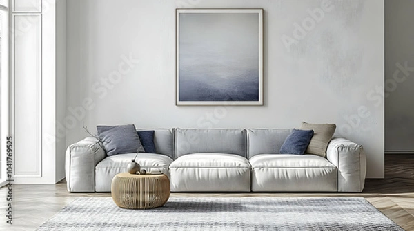 Fototapeta Modern Living Room Design with Gray Couch and Wooden Coffee Table