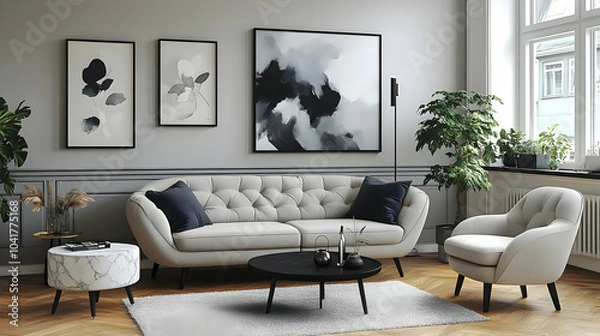 Fototapeta Modern Living Room Design with White Sofa, Black Coffee Table, and Grey Walls