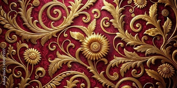 Fototapeta Burgundy Canvas with Gold Swirling Lines and Floral Motifs - High Depth of Field Art